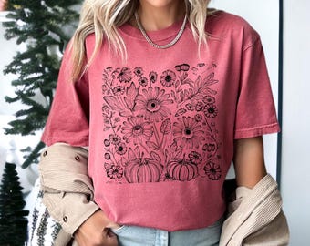 Fall Floral Tee, Comfort Colors Sunflower Pumpkin T-Shirt in Soft Cotton