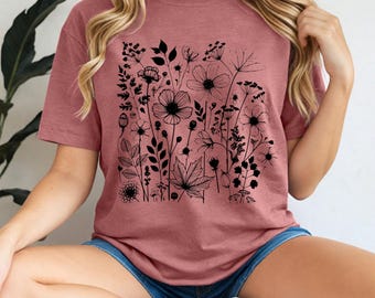 Wildflower Tee, Boho Floral Shirt with Hand-Drawn Design in 5 Colors