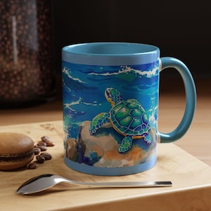 Sea Turtle Mug, Colorful Art Ceramic Cup with Coastal Scene