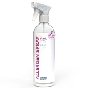 May include: Clear spray bottle with a white trigger and a label that reads "ALLERGEN SPRAY". The label includes text about reducing allergens from cat and dog dander. A pink sticker says "Just add water".