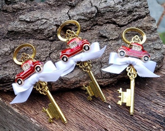 Skeleton Key Boutonniere with  a Red Car Brooch ... This listing is for ONE Boutonniere