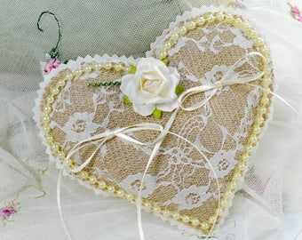 Burlap and Lace Heart Ring Bearer Pillow