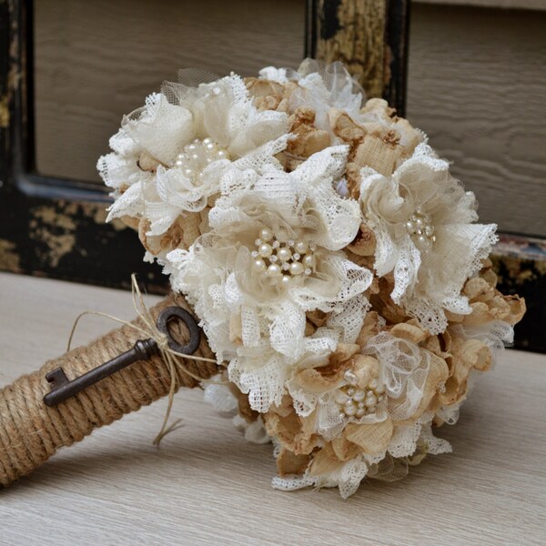 RESERVED for Jana - Final Payment - Fabric Shabby Chic Pearl and Brooch Bouquet with a Vintage Skeleton Key