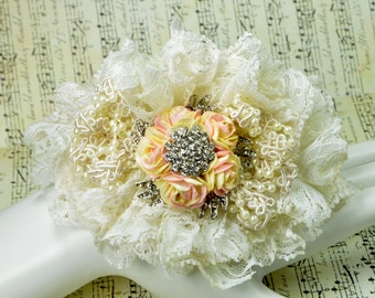 Brooch Wrist Corsage - Ivory Lace, Beads, Flowers, and Crystals !!!
