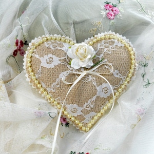 Burlap and Lace Heart Ring Bearer Pillow