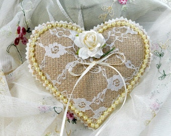 Burlap and Lace Heart Ring Bearer Pillow