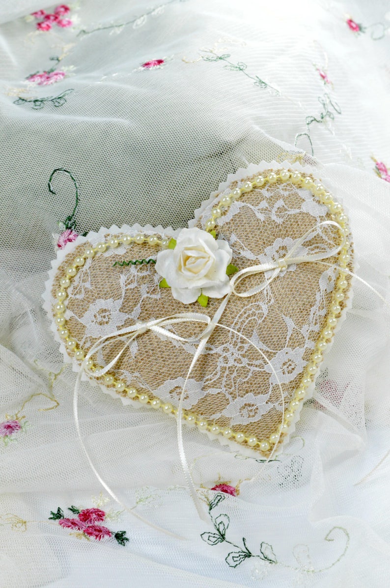 Burlap and Lace Heart Ring Bearer Pillow image 0