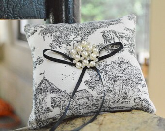 Black and Ivory Toile Canvas Ring Bearer Pillow