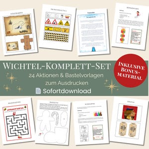 以下が含まれることがあります： 宝の地図、工事現場の標識、迷路など、印刷可能なアクティビティシートのコレクション。 セットには、「INKLUSIVE BONUS-MATERIAL」というテキストと「WICHTEL-KOMPLETT-SET」という言葉が入った赤い円が含まれています。