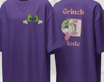 Grinch Mode Purple Oversized T-Shirt | Christmas Heart Hands Graphic