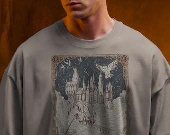 Vintage Wizard Academy Sweatshirt, Celestial Magic School Graphic Tee, Mystical Castle and Owl Shirt