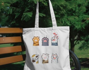 Cute Cat Paw Tote Bag, Cat Lover Gift, Reusable Canvas Grocery Bag, Kawaii Kitten Paws Shoulder Bag