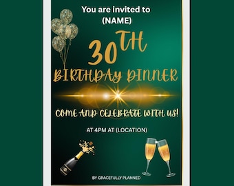 Elegant 30th Birthday Dinner Invitation | Gold & Green Editable Canvas Template | Digital Birthday Invite | Instant Download