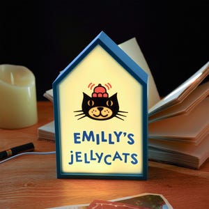 May include: A blue house-shaped night light with the text "EMILLY'S JELLYCATS". The light features a black cat illustration wearing a red hat. The light is on a wooden surface with a candle and a book in the background.