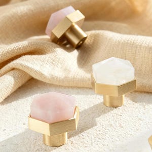Natrual White/ Pink Crystal Knob, Drawer Brass Knobs, Hexagon Cabinet Knob