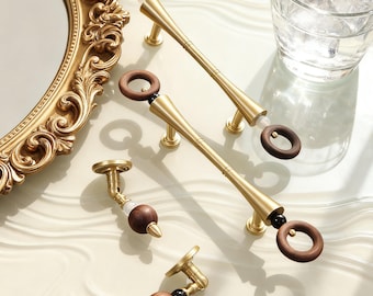 Tiradores de latón y nogal, pomos colgantes para cajones, tiradores con piedra natural