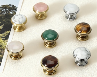 Pomo de cajón de cristal natural - Tirador de tocador de latón, pomos de cuarzo rosa