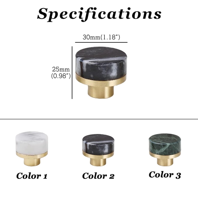Może przedstawiać: Gałki do szafek z marmurowymi blatami i mosiężnymi podstawami. Gałki mają średnicę 30 mm i wysokość 25 mm. Na zdjęciu widać trzy opcje kolorystyczne: białą, czarną i zieloną. U g&oacute;ry znajduje się słowo "Specyfikacje".