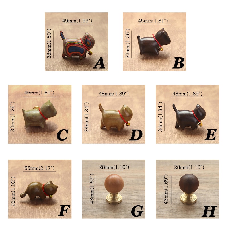 Puede incluir: Una colecci&oacute;n de tiradores y pomos de armario con forma de gato de madera. Los pomos son de varios colores, con medidas en mil&iacute;metros. Cada gato tiene un collar rojo y una peque&ntilde;a campana. Los pomos est&aacute;n etiquetados de la A a la H.