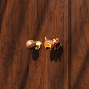 Puede incluir: Una puerta de madera con dos pomos. Uno es un pomo redondo y marr&oacute;n con base de lat&oacute;n. El otro es un pomo con forma de gato con rayas coloridas. La puerta es de madera marr&oacute;n oscuro.