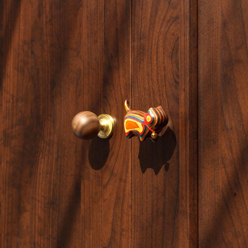 Puede incluir: Una puerta de madera con dos pomos. Uno es un pomo redondo y marr&oacute;n con base de lat&oacute;n. El otro es un pomo con forma de gato con rayas coloridas. La puerta es de madera marr&oacute;n oscuro.