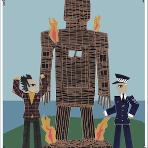 May include: An illustrated cut-out-and-play story titled "Wicker Man". The image shows a large wicker figure, two smaller figures, and flames. The text at the top reads "Wicker Man: A Cut-Out-And-Play Story". The bottom text says "This pack has been designed because adults deserve things to play with too."