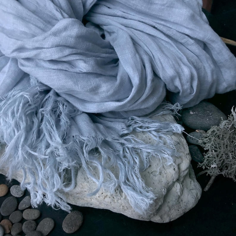 Misty Blue Linen Scarf – Lightweight Soft Wrap, Sheer Summer Shawl image 2