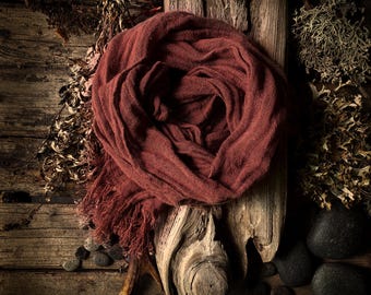 Rust Linen Gauze Scarf, Burnt Orange Natural Linen Wrap, Extra Long Wrinkled Rustic Shawl