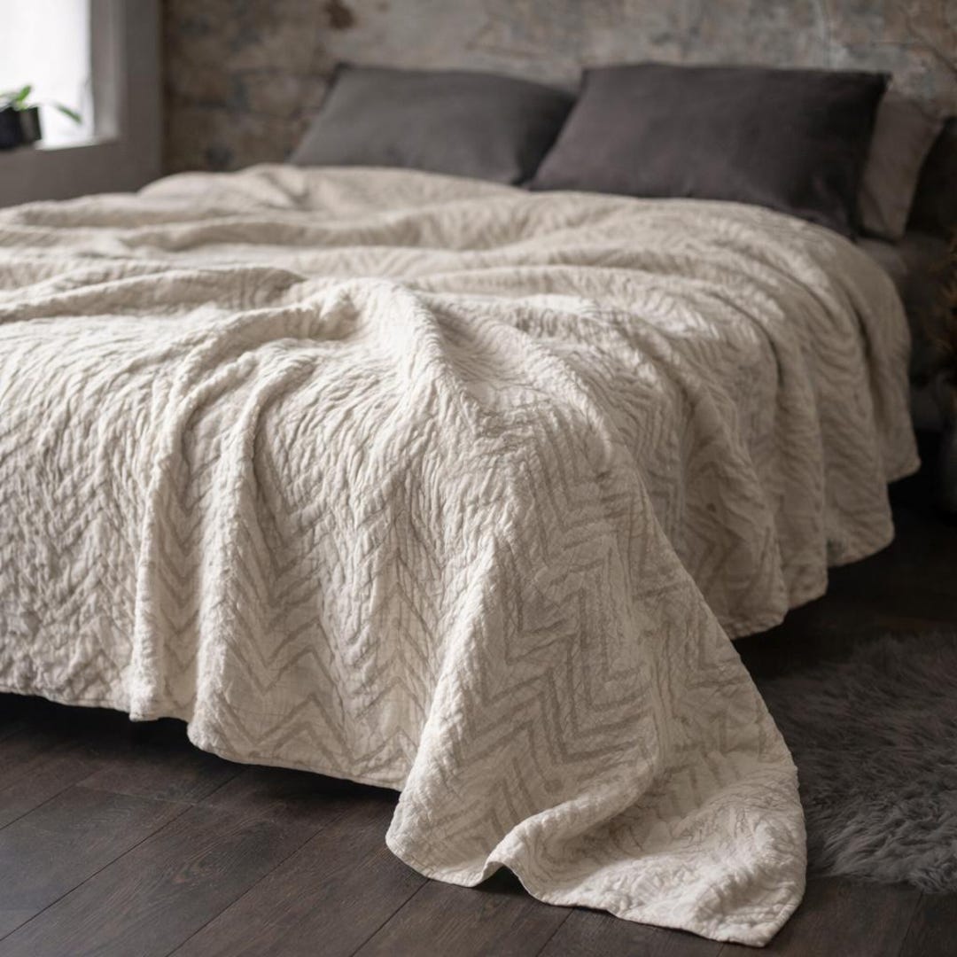 Textured Linen Bedspread in Cream, Heavy Jacquard Linen Blanket ...