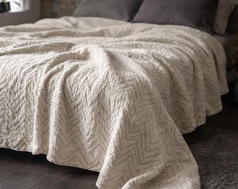 Copriletto in lino testurizzato color crema, coperta in lino jacquard pesante, biancheria da letto naturale e neutra, copriletto