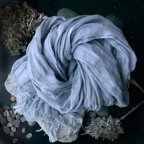 Misty Blue Linen Scarf – Lightweight Soft Wrap, Sheer Summer Shawl