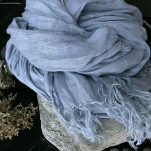 Misty Blue Linen Scarf – Lightweight Soft Wrap, Sheer Summer Shawl image 4