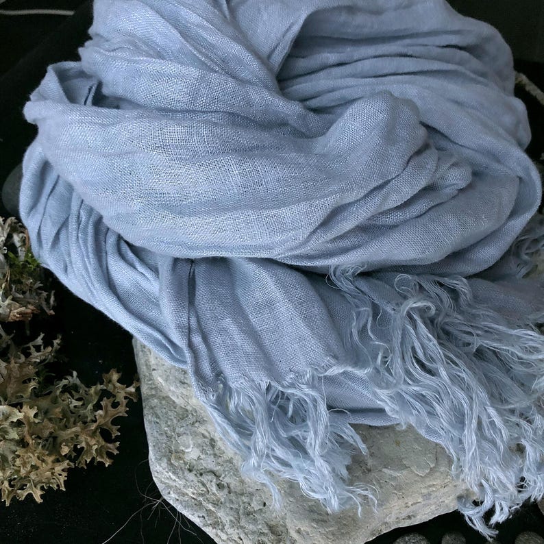 Misty Blue Linen Scarf – Lightweight Soft Wrap, Sheer Summer Shawl image 4