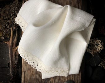 Romantic Linen Guest Towels with Lace, Ivory Hand Towels, Cottagecore Farmhouse Bathroom Linen, European Flax