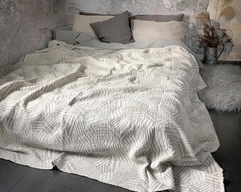 Copriletto in lino, coperta jacquard pesante, biancheria da letto naturale testurizzata, copriletto rustico boho, coperta spessa in lino
