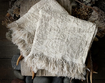 Vintage Birds & Roses Linen Hand Towel, Double Woven Jacquard Linen, Textured Natural Flax