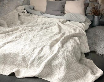 Copriletto rustico in lino, coperta jacquard pesante con trama naturale, copriletto boho