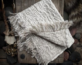 Rustieke linnen handdoek, dik getextureerd linnen, natuurlijk beige ivoor, handdoek met franje, boerderijkeukenhanddoek