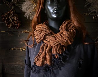 Pumpkin Orange Linen Scarf with Black Melange, Rustic Gauze Wrap, Extra Long Wrinkled Shawl