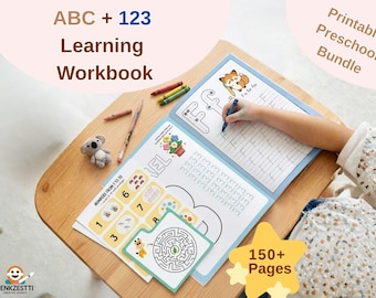 Preschool Learning Workbook Bundle, ABC 123 Tracing, Kindergarten Printable Activity Pack, 150+ Pages