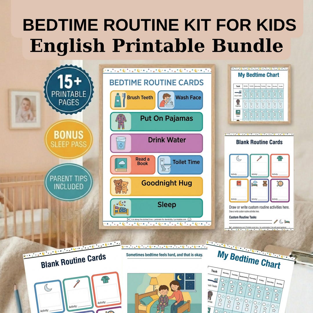 Kids Bedtime Routine Visual Schedule, Printable Sleep Cards, Social ...