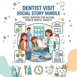 Puede incluir: Una ilustración para una visita al dentista, con el texto "DENTIST VISIT SOCIAL STORY BUNDLE". Incluye ayudas visuales para el autismo, el TDAH y la ansiedad dental. La imagen muestra a un dentista, un paciente y una familia, junto con iconos para PDF imprimibles y horarios visuales.