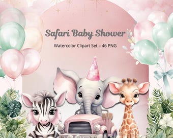 Safari Baby Girl Clipart | Watercolor Jungle Animals PNG (Instant Download)