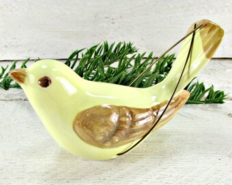 Vintage JAPANESE Ceramic Bird Ornament / Figurine, Yellow Brown Pottery Bird, Christmas Tree Ornament, 1950s Holiday Woodland Decoration