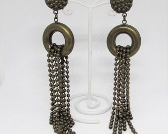 One-of-a-Kind HUGE Vintage Brass Statement Earrings, LONG Bead Ball Chain Tassels & Circles, Clip-Ons, 1970s Designer Boho Tribal Jewelry