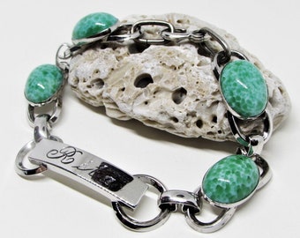 Vintage LAMODE Sterling Silver ID Bracelet, Engraved Rita, Oval Jade Green Art Glass Stones, Chunky Link Chain, 1950s Fine Estate Jewelry