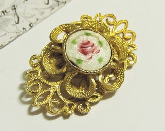 Vintage Guilloche Enamel Rose Brooch, Fancy Gold Filigree Flower Pin, 1950s Victorian Revival Jewelry, Gift for Grandma