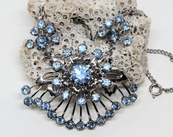 Vintage Blue Rhinestone Crystal Choker Necklace, Atomic Starburst Flower, Silver Chain, 1950s Romantic Mid-Century Modern Costume Jewelry