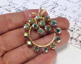Vintage Floral Wreath Brooch, Aurora Borealis Rhinestones, Peacock Blue Green AB Crystals, Gold Circle Pin, 1950s Costume Jewelry, Mom Gift