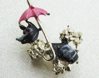 Vintage 1950s Poodle Brooch- Little Black & Pink Enameled Dog Pin with Umbrella- MCM Jewelry